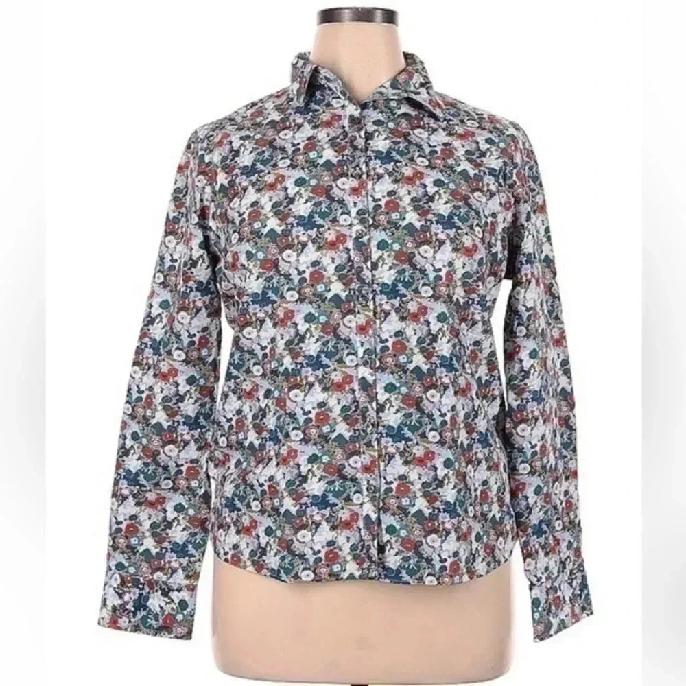 Lands End | Classic Chic Floral Baumwolle Button Down Blouse Plus Size 16